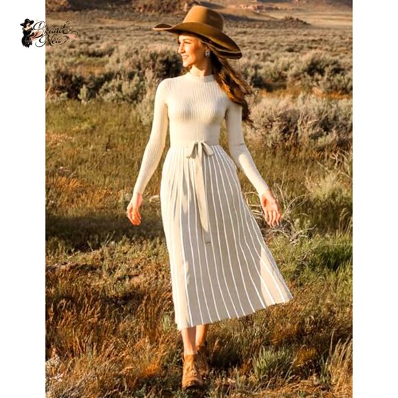 Turtleneck Long Sleeve Sweater Dress Tie Waist Loose Ribbed Knit Midi - Picture 5 of 7